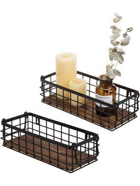 Set of 2 Black Wire Storage Baskets for Organizing Shelves & Pantry Decor